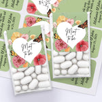 XOXOKristen floral Tic Tac favor boxes decorated with “Mint to Be” stickers featuring pink and yellow blooms, butterflies, and white heart center – XOXOKristen