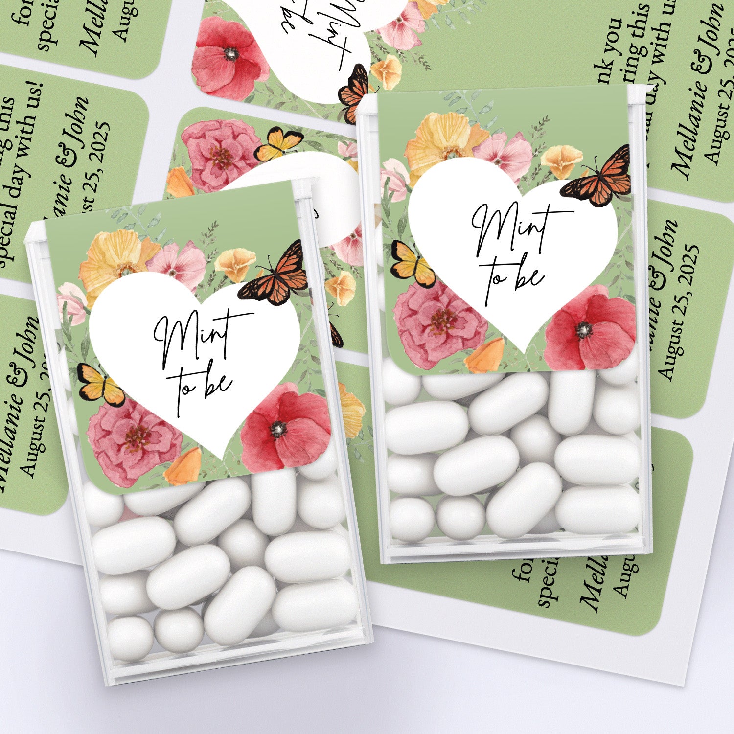 XOXOKristen floral Tic Tac favor boxes decorated with “Mint to Be” stickers featuring pink and yellow blooms, butterflies, and white heart center – XOXOKristen