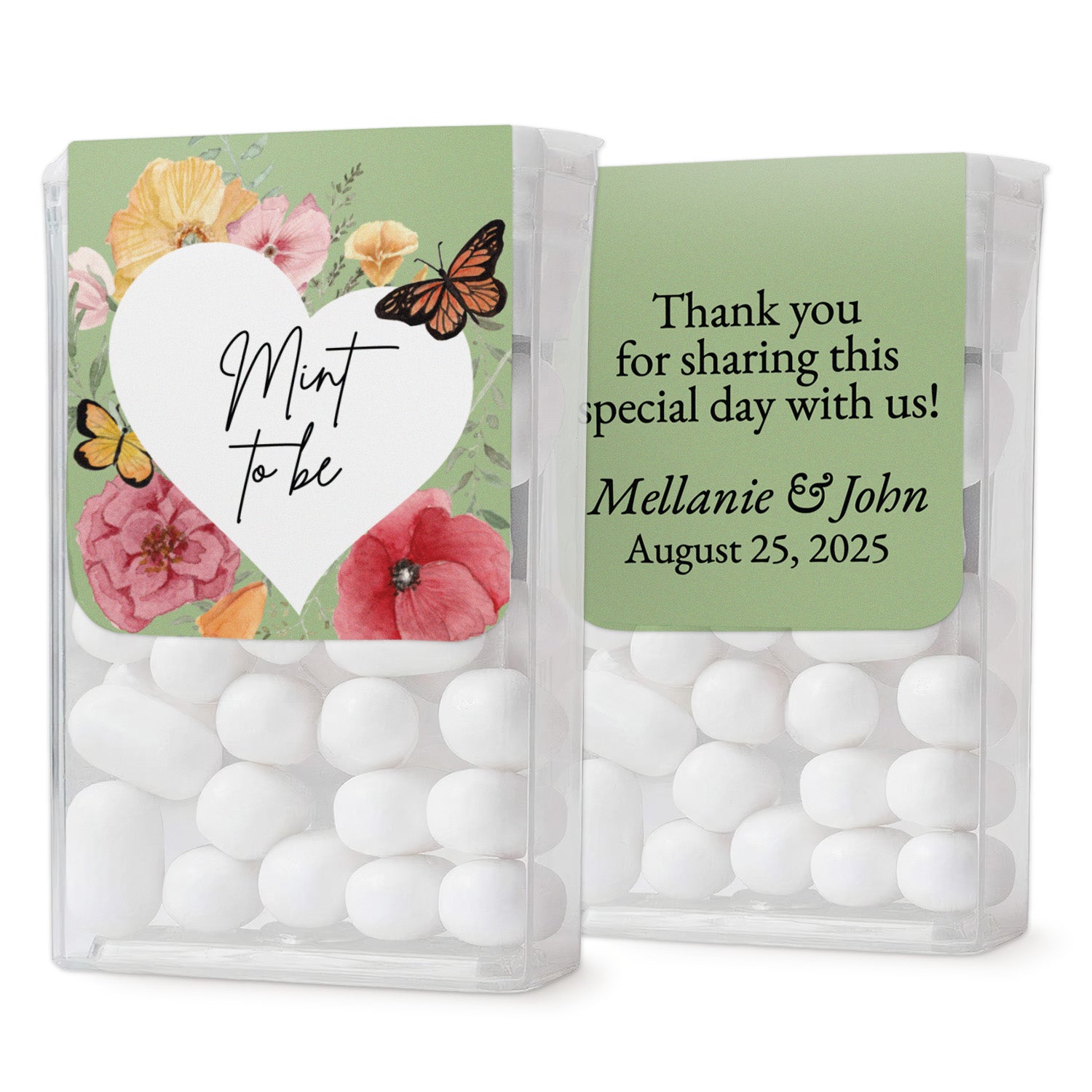XOXOKristen front and back of Tic Tac boxes with floral “Mint to Be” sticker, butterfly details, and elegant wedding thank you text – XOXOKristen