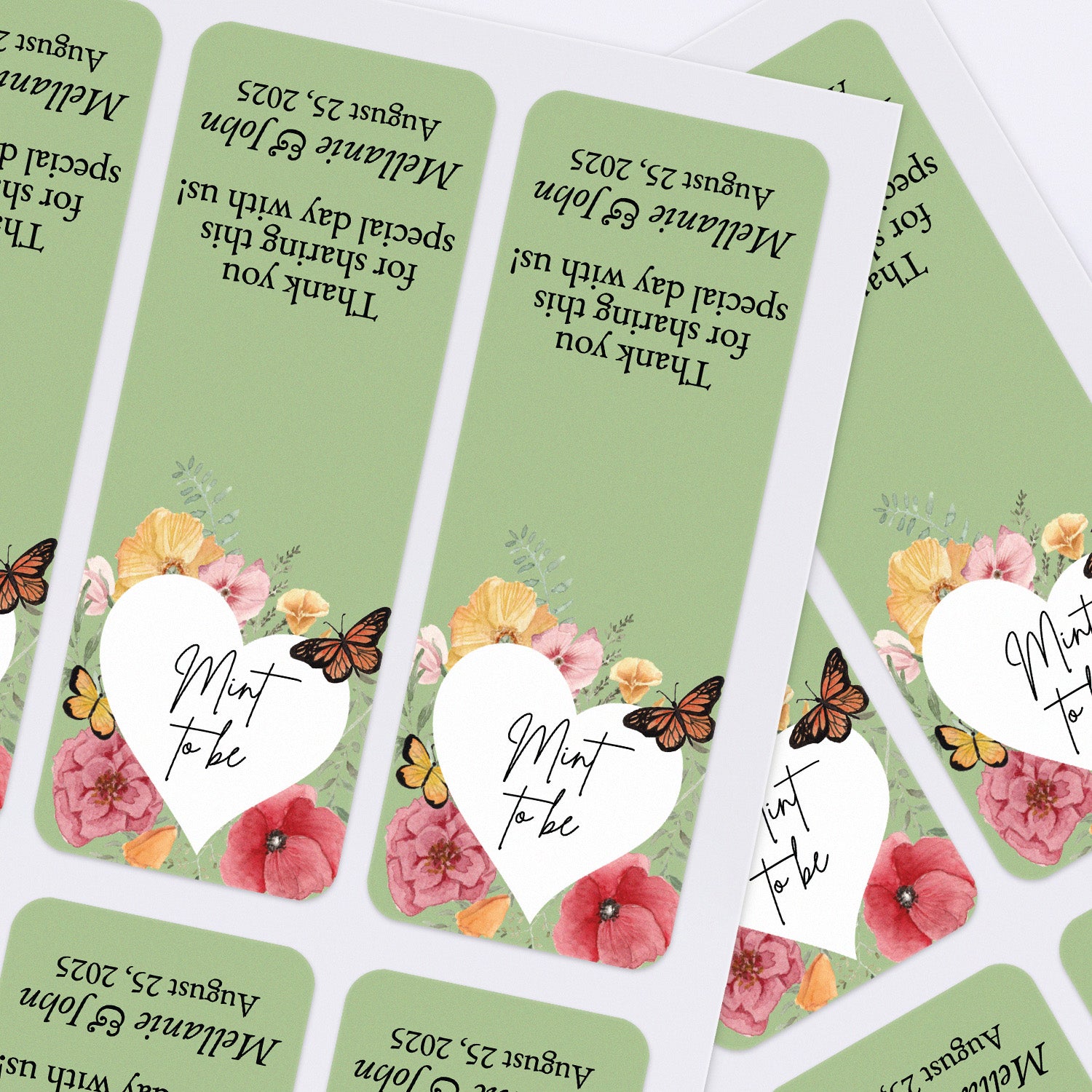XOXOKristen printed sticker sheets of floral “Mint to Be” wedding favor labels with heart shape, pastel green base, and butterflies – XOXOKristen