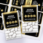 XOXOKristen milestone birthday Tic Tac favor boxes decorated with black and gold personalized stickers reading “Aged to Perfection” – XOXOKristen