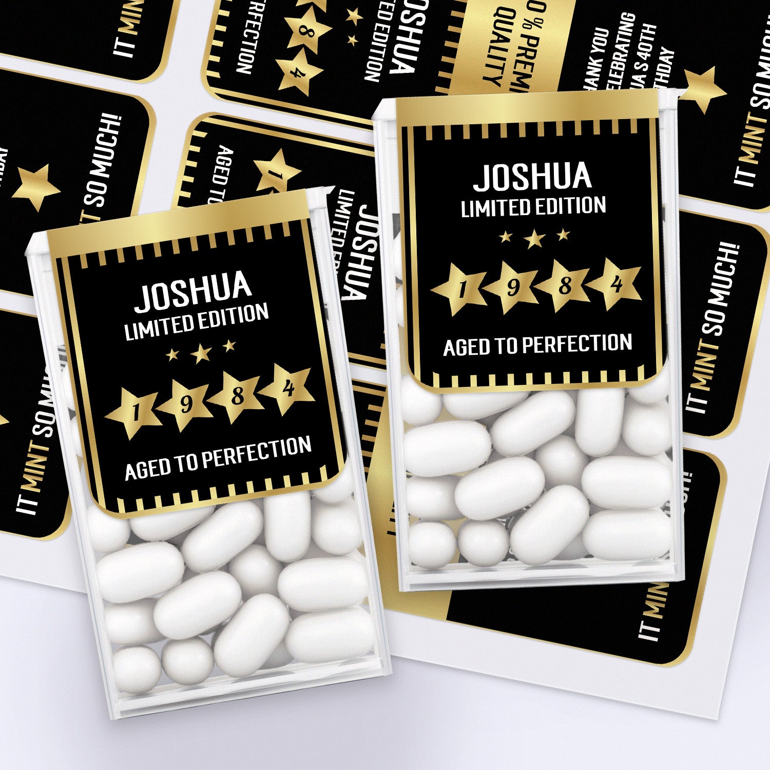 XOXOKristen milestone birthday Tic Tac favor boxes decorated with black and gold personalized stickers reading “Aged to Perfection” – XOXOKristen