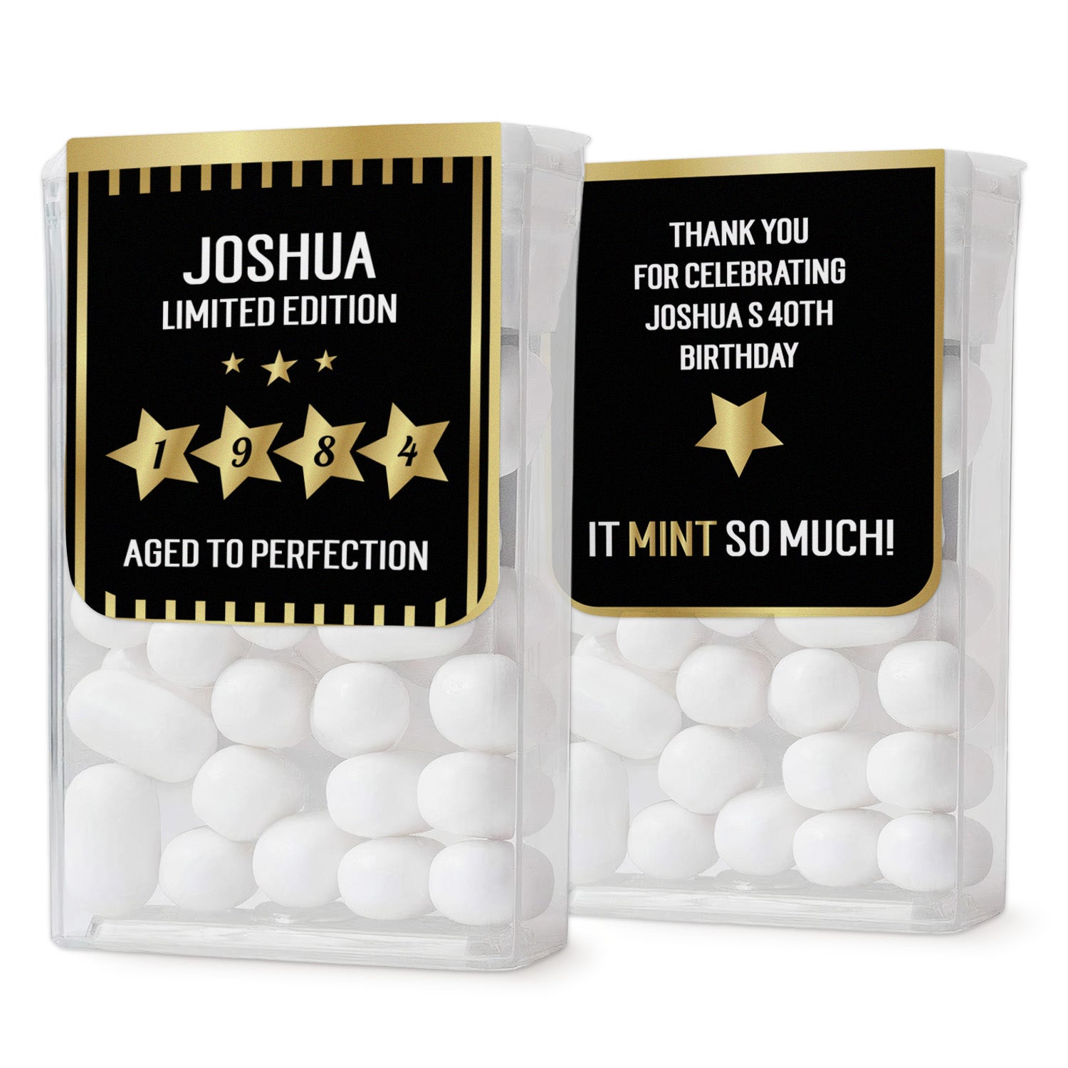 XOXOKristen front and back views of birthday favor stickers with gold stars, black base, and thank you text for milestone celebrations – XOXOKristen