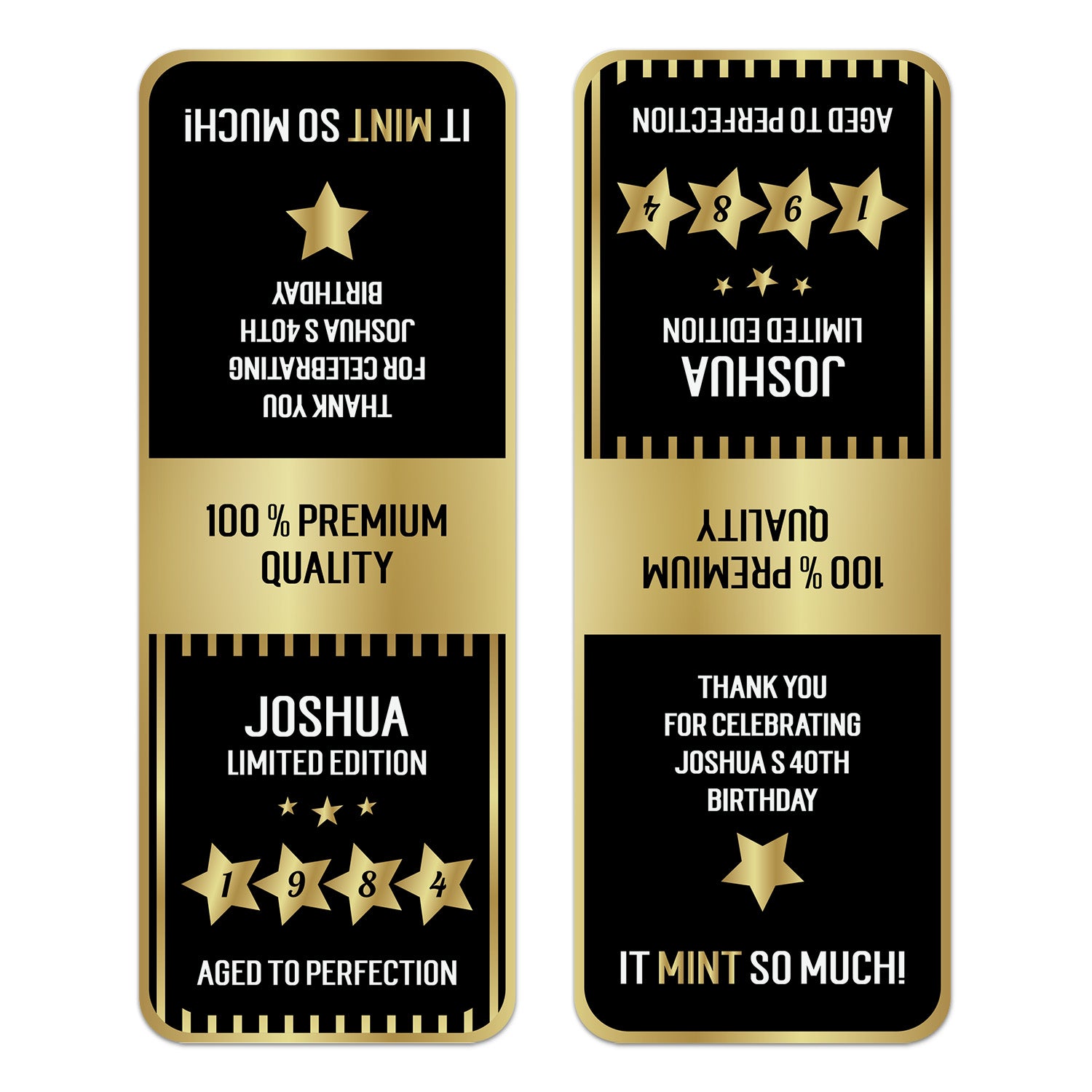 XOXOKristen close-up of “Limited Edition” birthday Tic Tac favor sticker with gold frame, star details, and celebratory layout – XOXOKristen