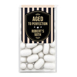 XOXOKristen personalized “Aged to Perfection” Tic Tac favor sticker with black and gold badge design and vertical stripes – XOXOKristen