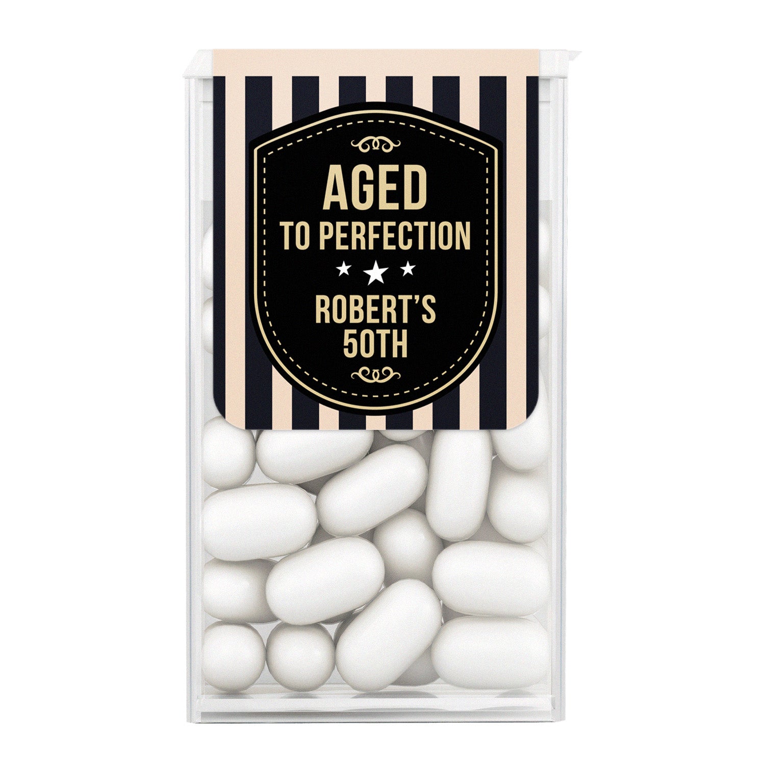 XOXOKristen personalized “Aged to Perfection” Tic Tac favor sticker with black and gold badge design and vertical stripes – XOXOKristen