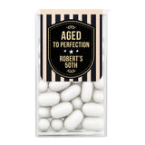 XOXOKristen personalized “Aged to Perfection” Tic Tac favor sticker with black and gold badge design and vertical stripes – XOXOKristen
