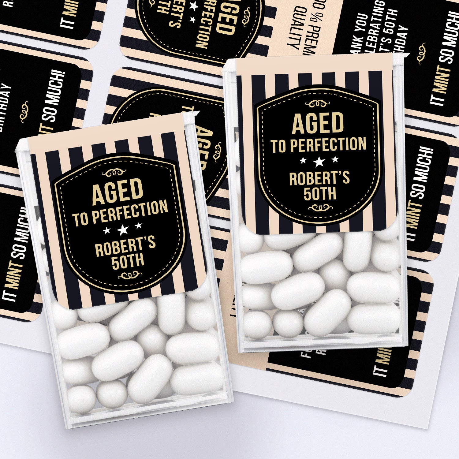 XOXOKristen milestone birthday Tic Tac favor boxes decorated with “Aged to Perfection” stickers in black and beige stripe pattern – XOXOKristen