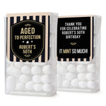 XOXOKristen front and back views of “Aged to Perfection” birthday Tic Tac stickers with black and gold accents, bold typography – XOXOKristen
