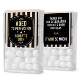 XOXOKristen front and back views of “Aged to Perfection” birthday Tic Tac stickers with black and gold accents, bold typography – XOXOKristen