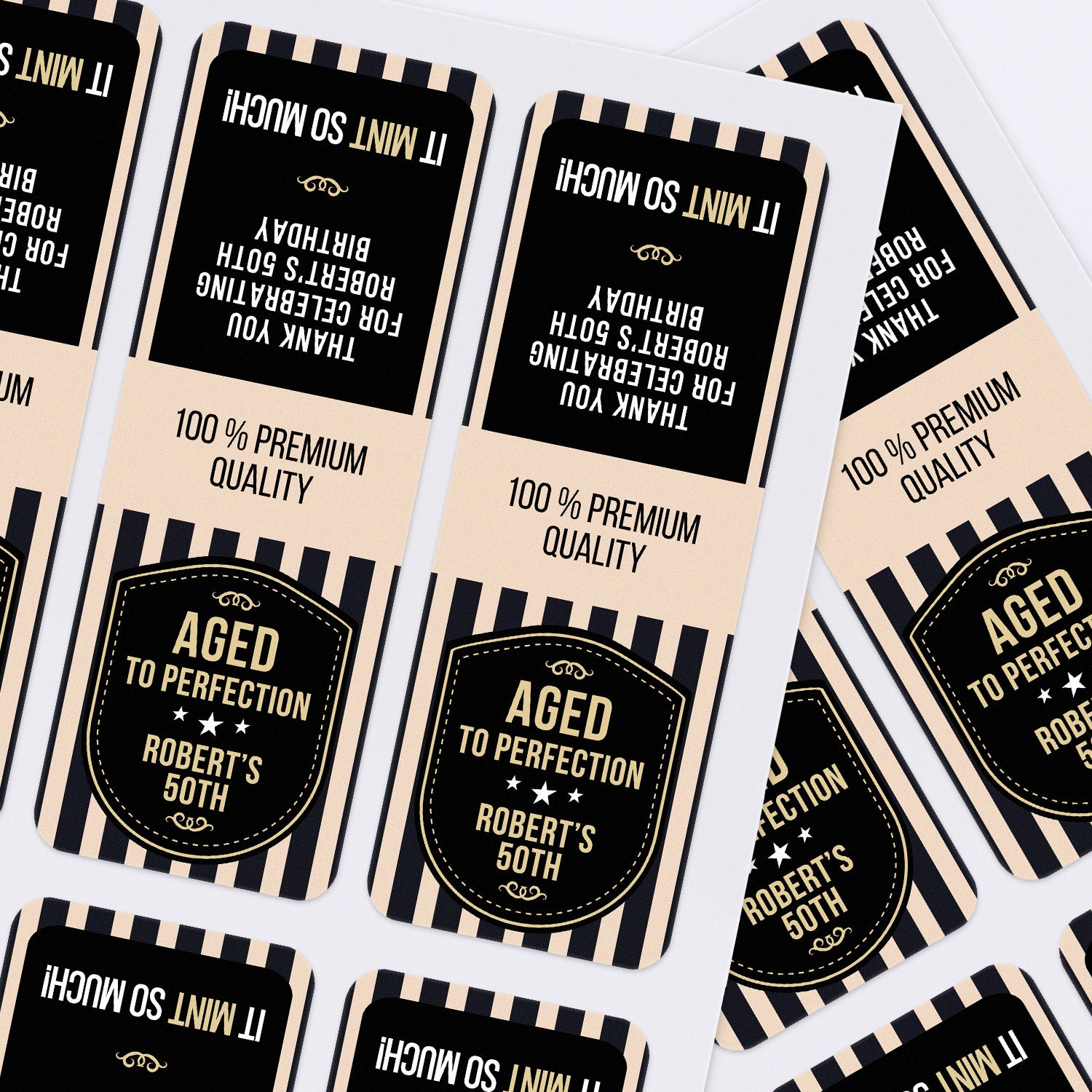 XOXOKristen printed sheets of milestone birthday favor stickers with elegant black shield design and stripe background – XOXOKristen