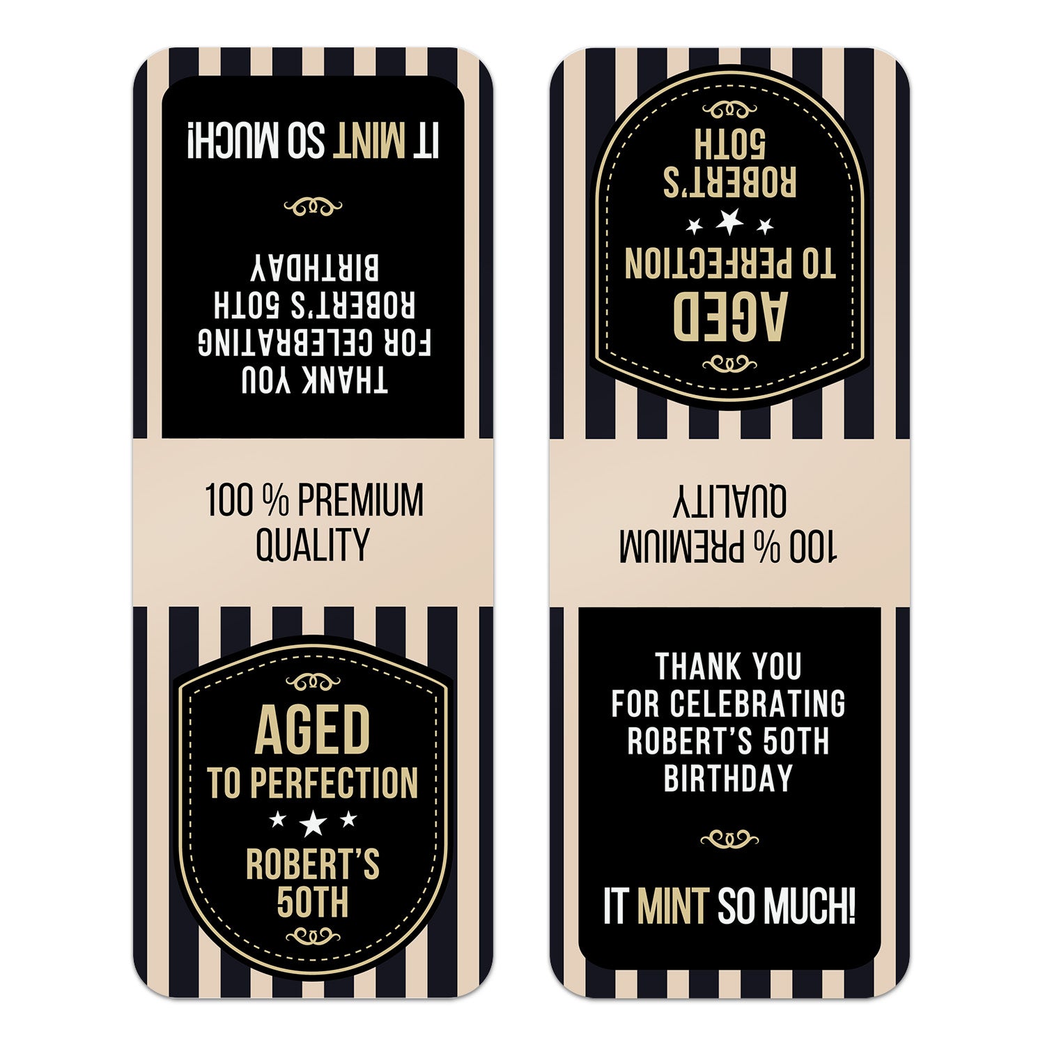 XOXOKristen close-up of “Aged to Perfection” personalized Tic Tac favor sticker with gold lettering and celebratory accents – XOXOKristen