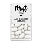 XOXOKristen personalized Mint to Be wedding stickers for Tic Tac favors with bold calligraphy text and heart design in black print.