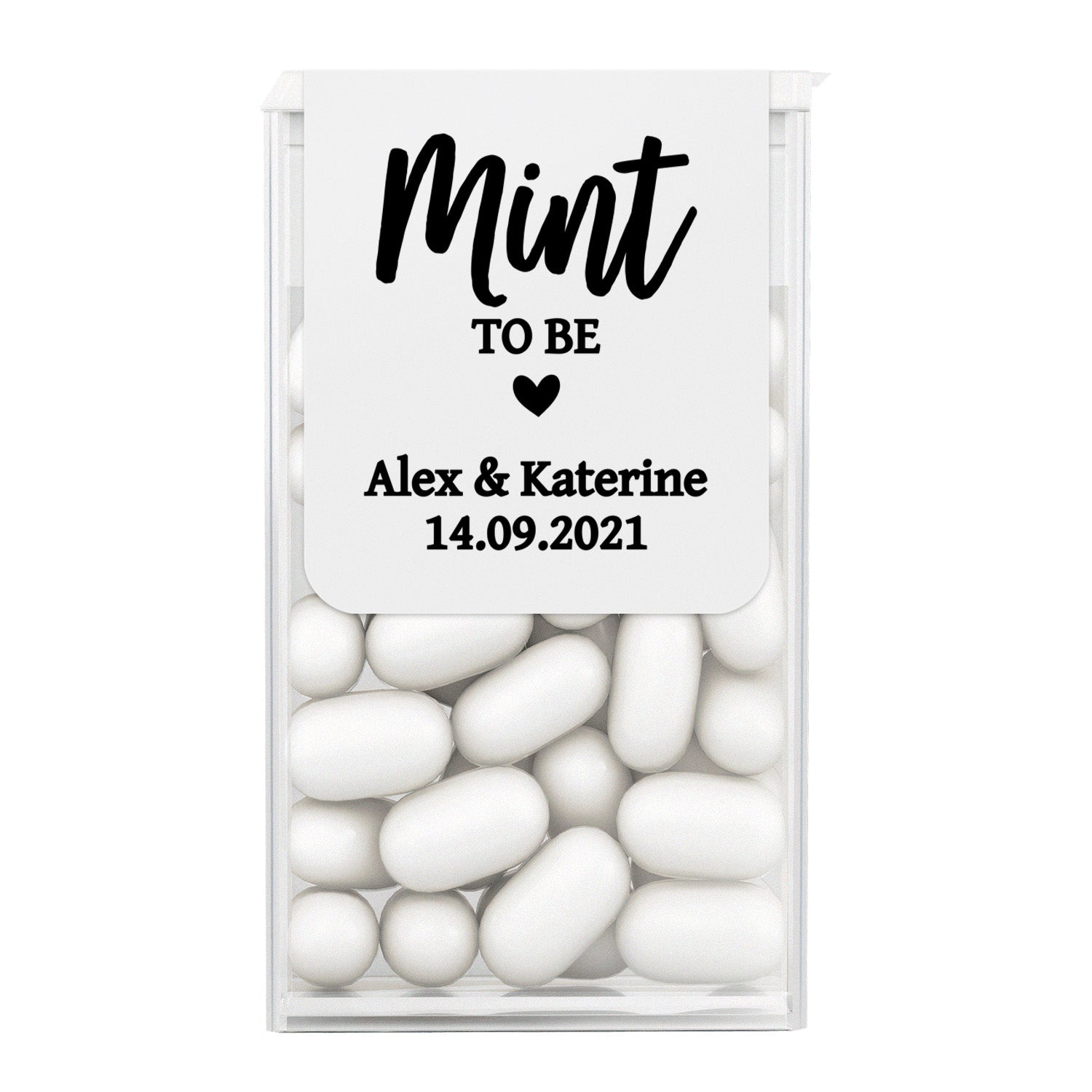 XOXOKristen personalized Mint to Be wedding stickers for Tic Tac favors with bold calligraphy text and heart design in black print.