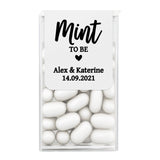 XOXOKristen personalized Mint to Be wedding stickers for Tic Tac favors with bold calligraphy text and heart design in black print.