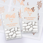XOXOKristen custom rose gold foiled Mint to Be wedding stickers with modern script font, heart motif, and bride groom names for Tic Tac boxes.