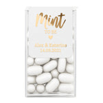 XOXOKristen personalized gold foil Mint to Be wedding favor stickers for Tic Tac mints with elegant bold lettering and wedding date.