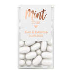XOXOKristen custom Mint to Be Tic Tac stickers in metallic gold foil with heart design, wedding date, and thank you message on the back.