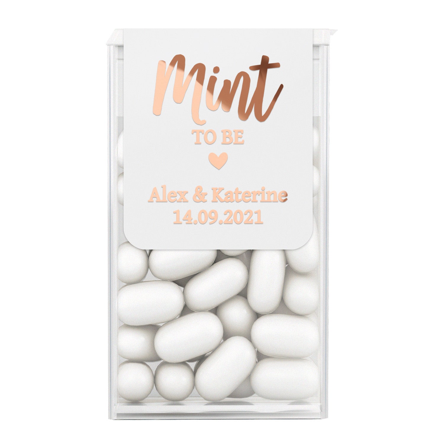 XOXOKristen custom Mint to Be Tic Tac stickers in metallic gold foil with heart design, wedding date, and thank you message on the back.