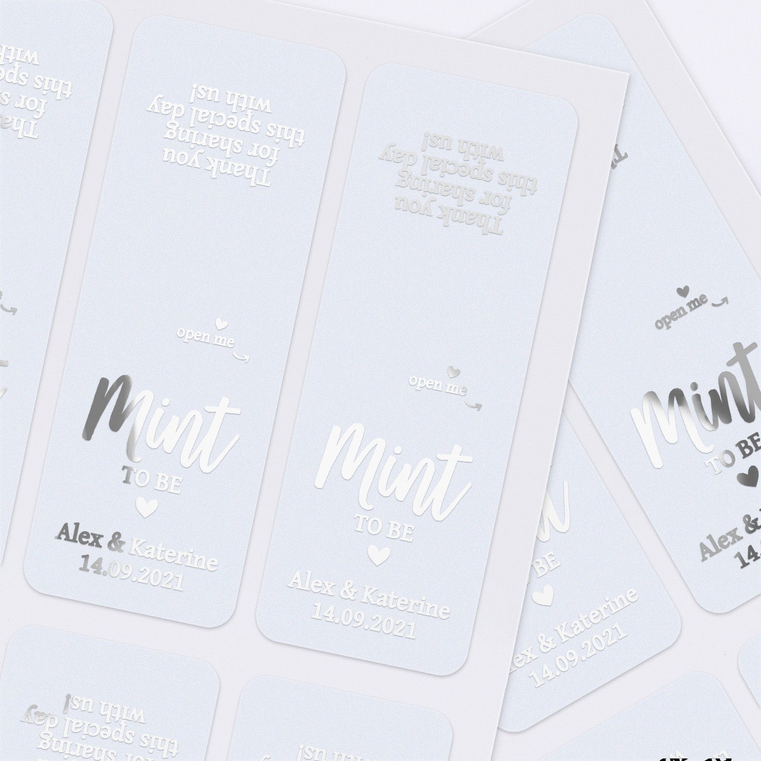XOXOKristen silver foiled Mint to Be wedding stickers for Tic Tac favors with minimalistic bold lettering and custom personalization.