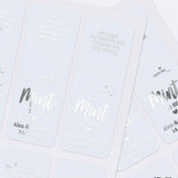 XOXOKristen silver foiled Mint to Be wedding stickers for Tic Tac favors with minimalistic bold lettering and custom personalization.