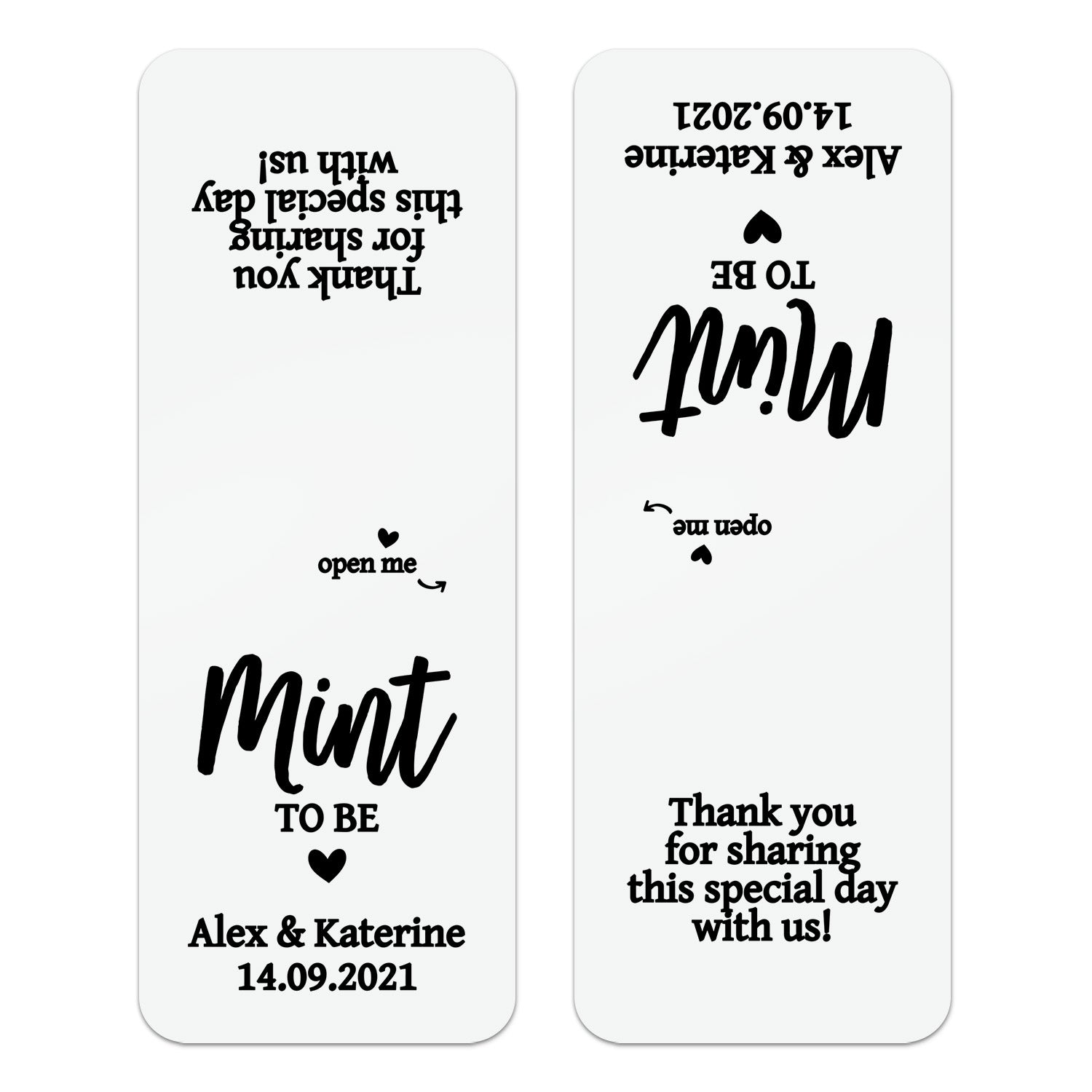 XOXOKristen personalized rose gold Mint to Be wedding stickers for Tic Tac boxes with big bold font and modern romantic style.