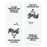 XOXOKristen personalized rose gold Mint to Be wedding stickers for Tic Tac boxes with big bold font and modern romantic style.