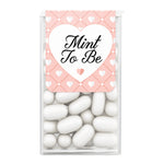 XOXOKristen “Mint to Be” wedding favor label with pink heart pattern and white central heart, applied to mint box – XOXOKristen