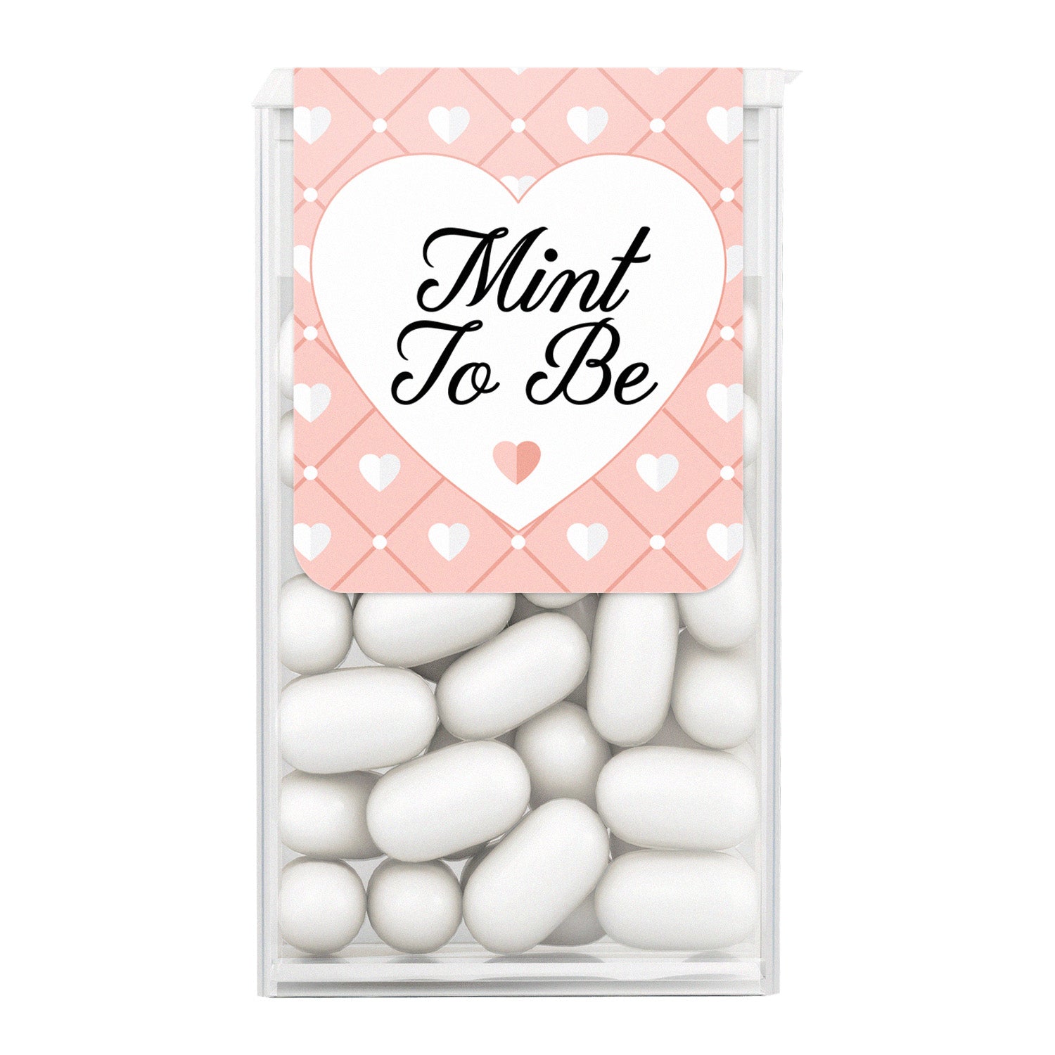 XOXOKristen “Mint to Be” wedding favor label with pink heart pattern and white central heart, applied to mint box – XOXOKristen