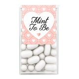 XOXOKristen “Mint to Be” wedding favor label with pink heart pattern and white central heart, applied to mint box – XOXOKristen