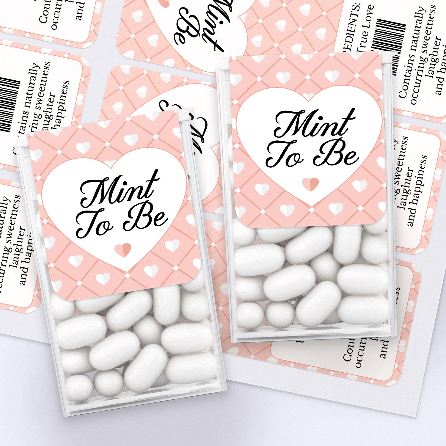 XOXOKristen personalized pink heart “Mint to Be” labels shown on favor boxes and printed sheets for weddings and bridal showers – XOXOKristen