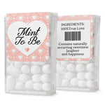 XOXOKristen “Mint to Be” favor box labels with white heart center and pink patterned background, includes ingredients design on back – XOXOKristen