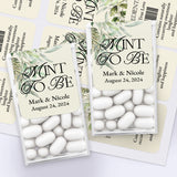 XOXOKristen personalized wedding Tic Tac stickers in ivory with watercolor greenery, custom Mint to Be labels for elegant wedding favor boxes.