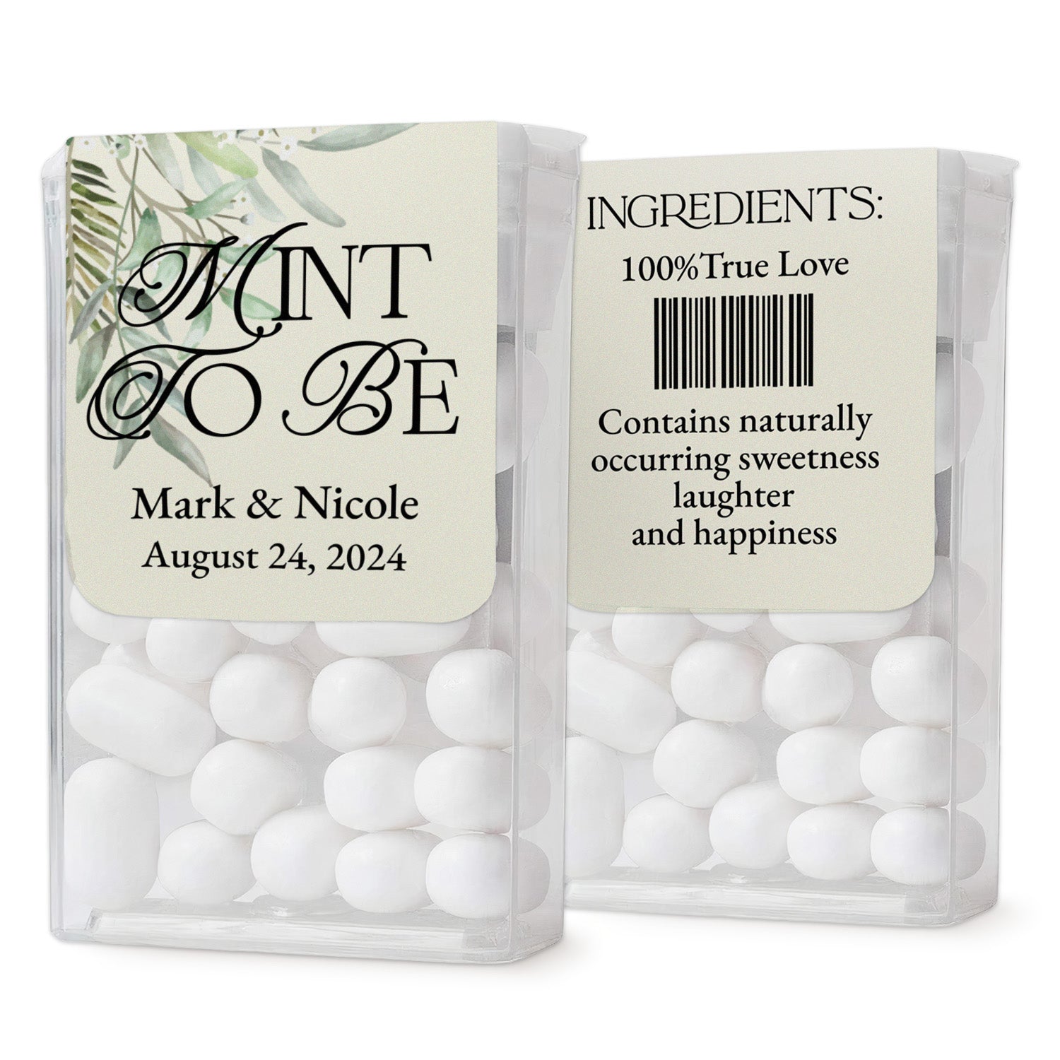 XOXOKristen custom Mint to Be wedding labels with soft ivory background and botanical leaves, designed to decorate Tic Tac containers.