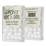 XOXOKristen custom Mint to Be wedding labels with soft ivory background and botanical leaves, designed to decorate Tic Tac containers.