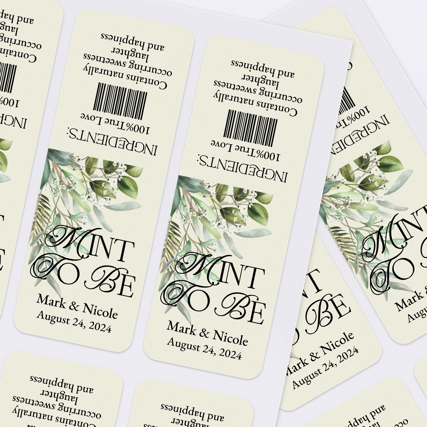 XOXOKristen sheet of personalized ivory and greenery wedding stickers, elegant labels tailored for Tic Tac mint wedding favors.