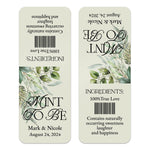 XOXOKristen single custom Tic Tac wedding label in ivory with delicate green foliage and romantic typography, designed for personalized favors.
