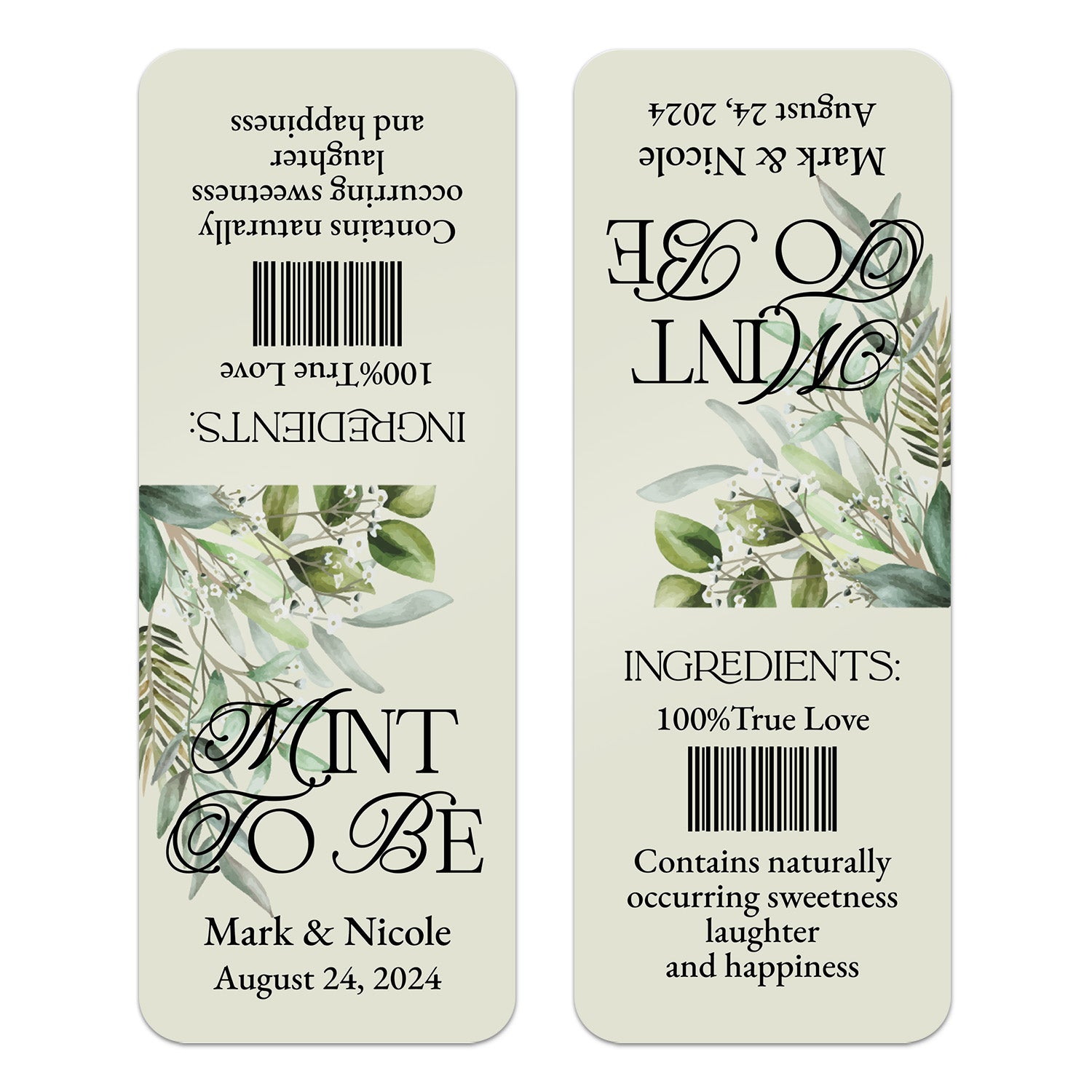 XOXOKristen single custom Tic Tac wedding label in ivory with delicate green foliage and romantic typography, designed for personalized favors.