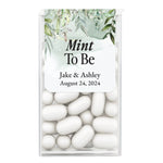 XOXOKristen personalized wedding Tic Tac stickers in white with soft watercolor greenery accents, custom Mint to Be labels for favor boxes.