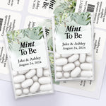 XOXOKristen personalized wedding Tic Tac stickers in white with soft watercolor greenery accents, custom Mint to Be labels for favor boxes.