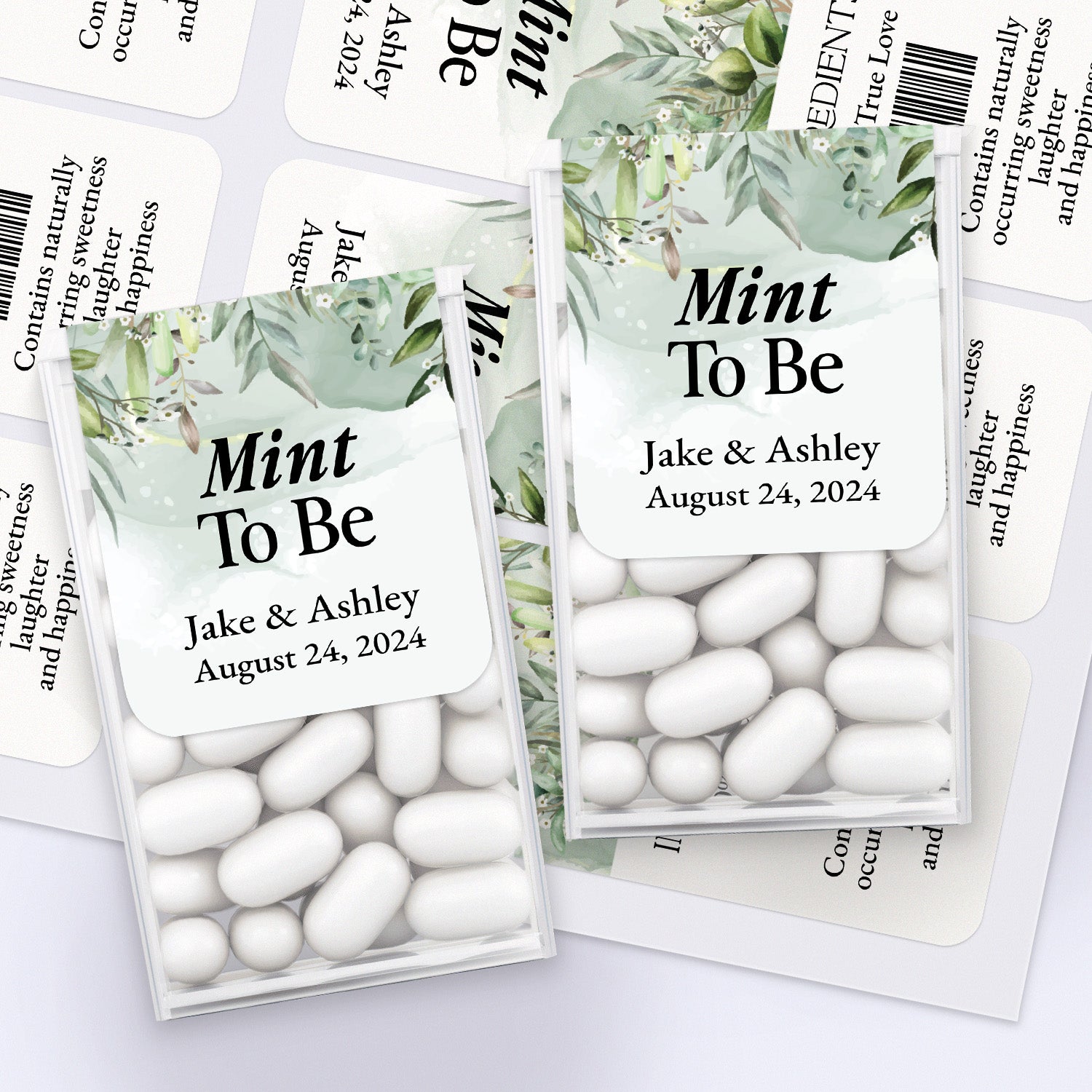 XOXOKristen personalized wedding Tic Tac stickers in white with soft watercolor greenery accents, custom Mint to Be labels for favor boxes.