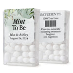 XOXOKristen custom Mint to Be wedding labels with elegant white background and botanical greenery, designed to decorate Tic Tac containers.
