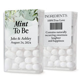 XOXOKristen custom Mint to Be wedding labels with elegant white background and botanical greenery, designed to decorate Tic Tac containers.