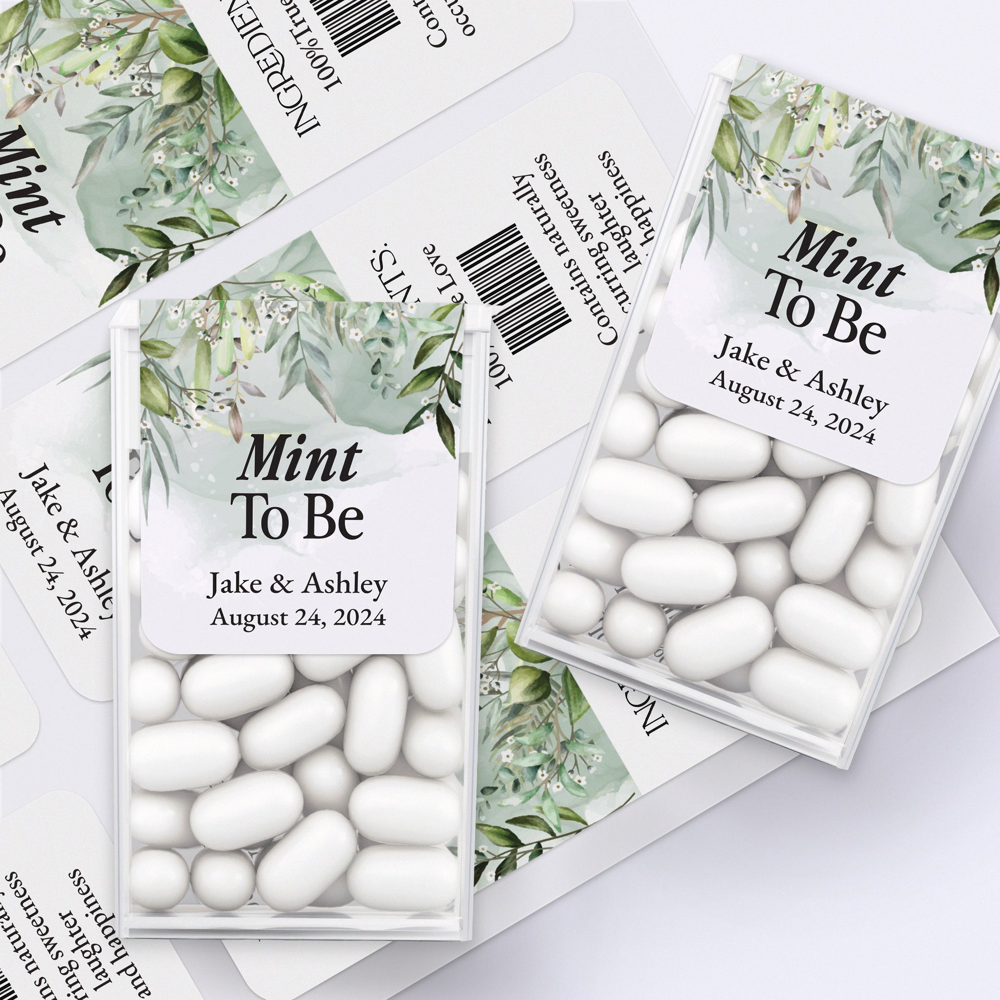 Enchanting Mint to Be stickers for Tic Tac boxes, featuring elegant greenery-colored backdrop with delicate floral branches and refined calligraphy, perfect for fairy tale-inspired wedding favors.