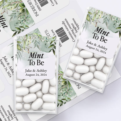 Enchanting Mint to Be stickers for Tic Tac boxes, featuring elegant greenery-colored backdrop with delicate floral branches and refined calligraphy, perfect for fairy tale-inspired wedding favors.