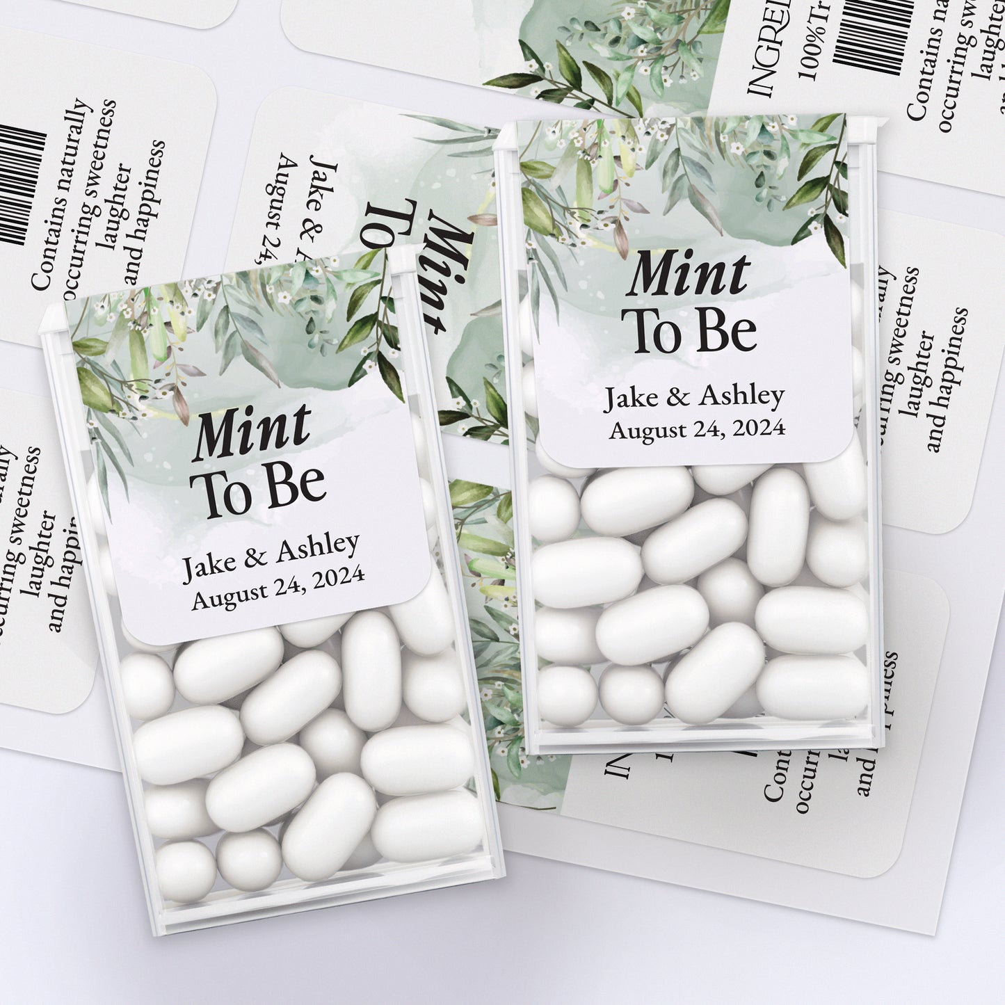 Enchanting Mint to Be stickers for Tic Tac boxes, featuring elegant greenery-colored backdrop with delicate floral branches and refined calligraphy, perfect for fairy tale-inspired wedding favors.