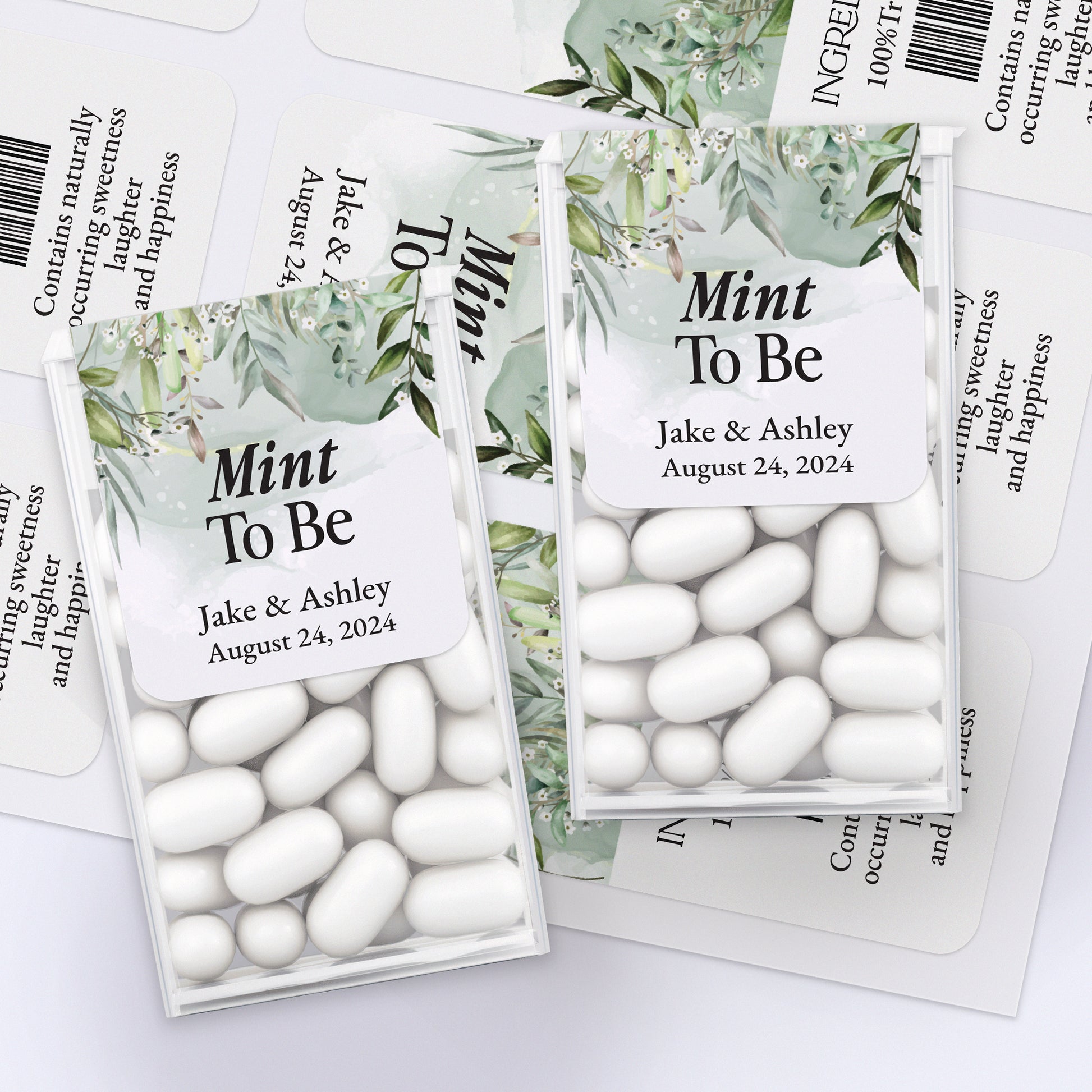 Enchanting Mint to Be stickers for Tic Tac boxes, featuring elegant greenery-colored backdrop with delicate floral branches and refined calligraphy, perfect for fairy tale-inspired wedding favors.