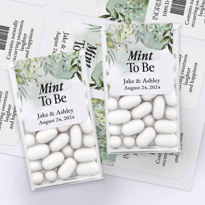 Enchanting Mint to Be stickers for Tic Tac boxes, featuring elegant greenery-colored backdrop with delicate floral branches and refined calligraphy, perfect for fairy tale-inspired wedding favors.