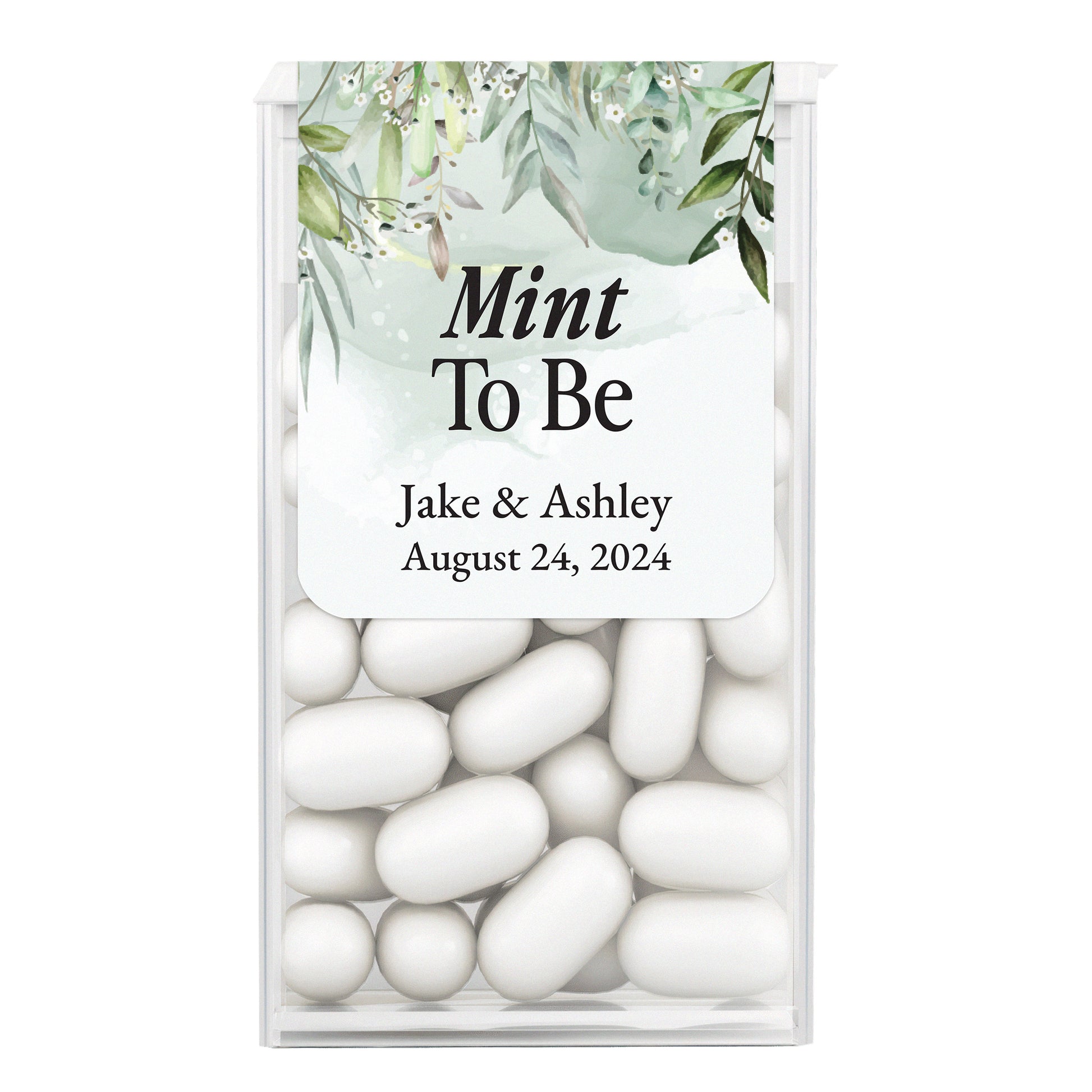 Enchanting Mint to Be stickers for Tic Tac boxes, featuring elegant greenery-colored backdrop with delicate floral branches and refined calligraphy, perfect for fairy tale-inspired wedding favors.