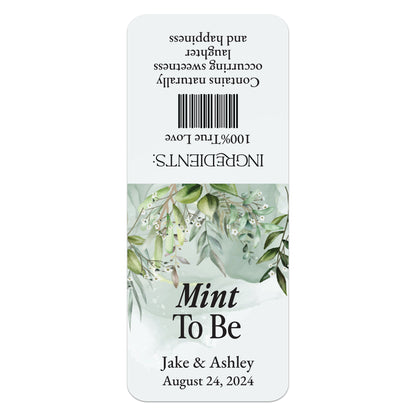 Enchanting Mint to Be stickers for Tic Tac boxes, featuring elegant greenery-colored backdrop with delicate floral branches and refined calligraphy, perfect for fairy tale-inspired wedding favors.